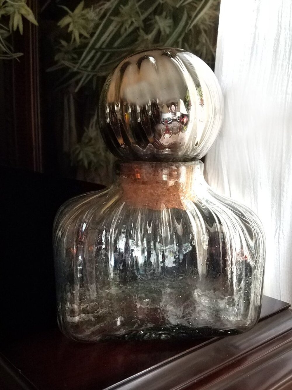 Vintage 80s Mexican Bubble Ribbed Blown Glass 8" Decanter, Mercury Glass Stopper